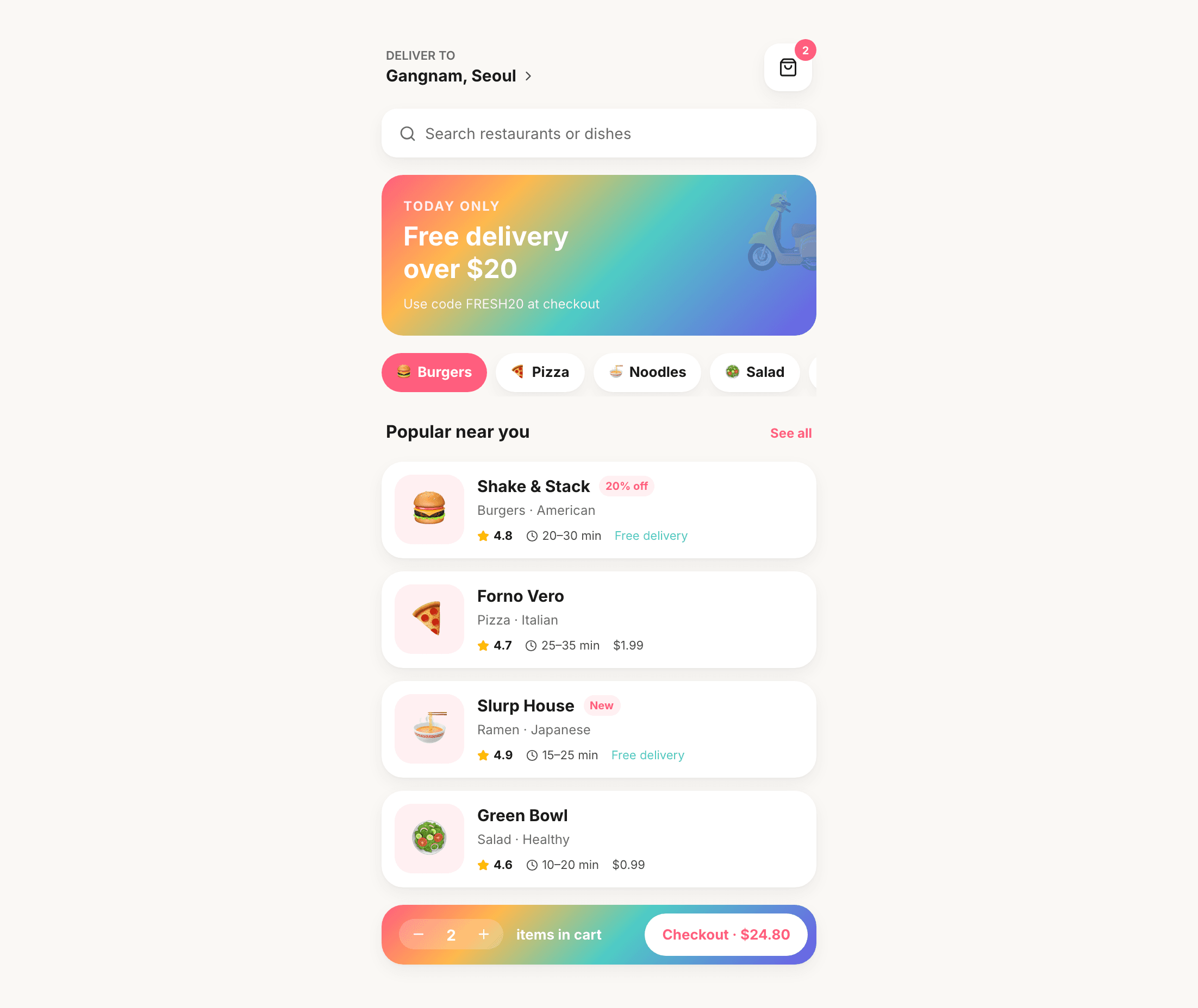 Food Delivery — arc skin with spring motion